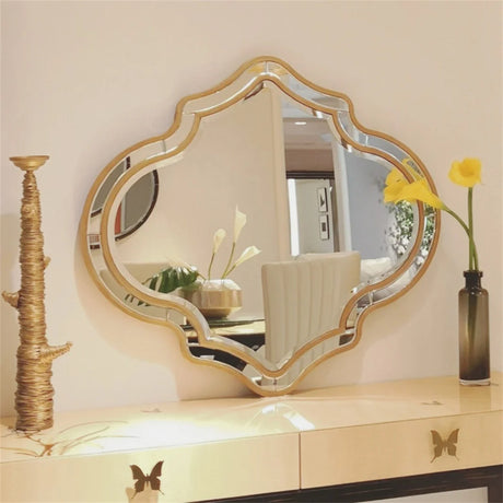 Large Irregular Gold Rim Wall Mirror Glass Frame Accent