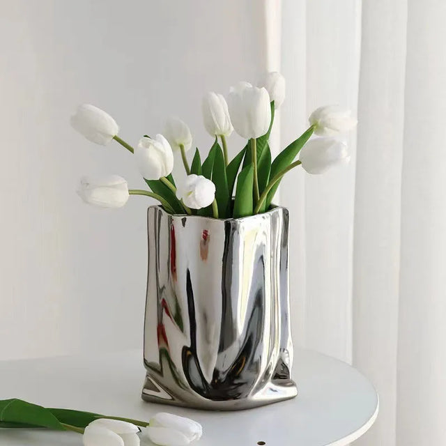 Silver Ruffled Ceramic Flower Vase Bag-Shaped Porcelain Home Decor