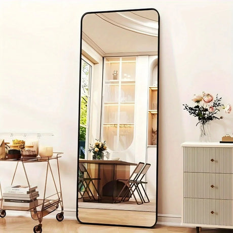 59-inch Full-Length Rounded Corner Mirror with Black Aluminum Frame