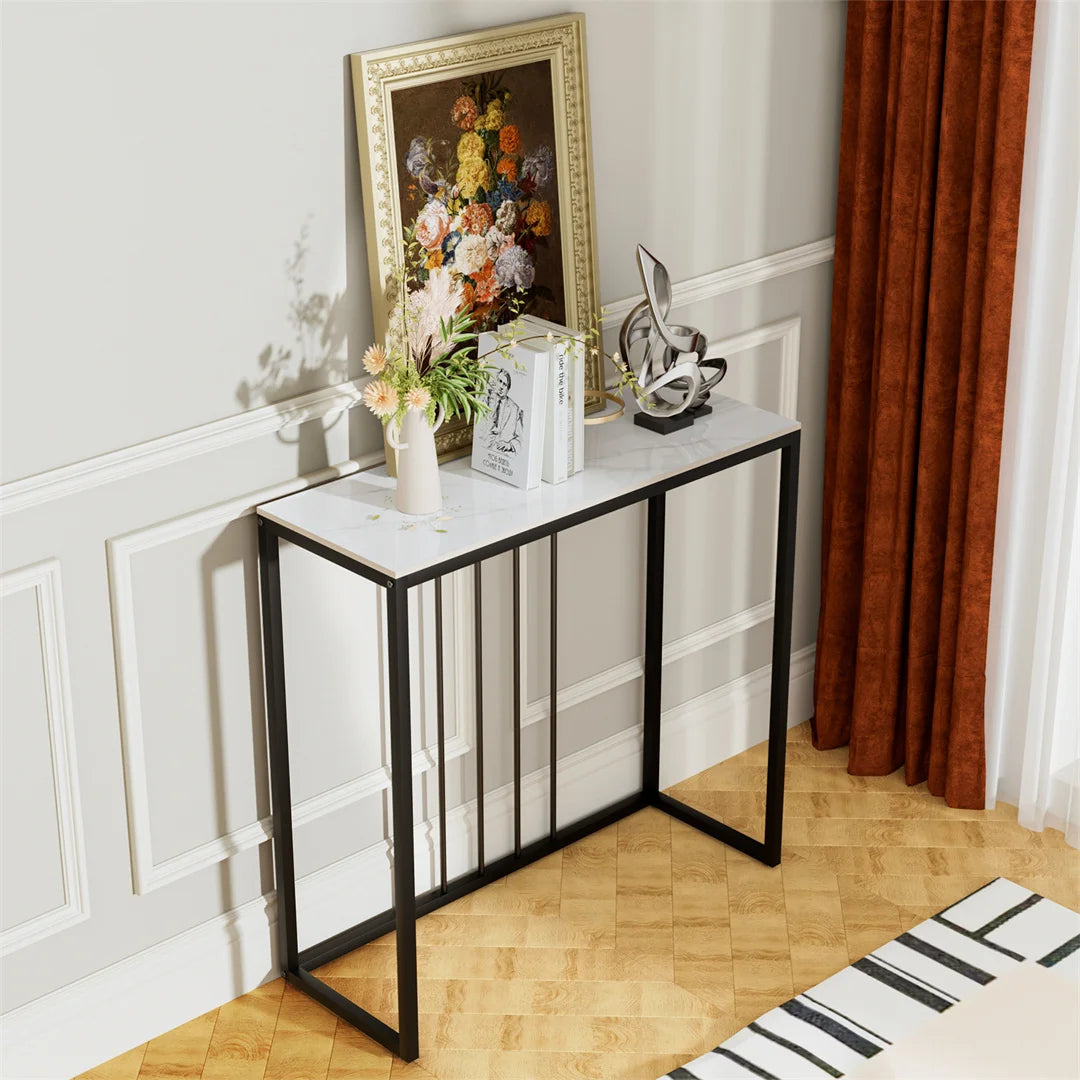 Sintered Stone Console Table with Black Metal Frame, Slim Entryway