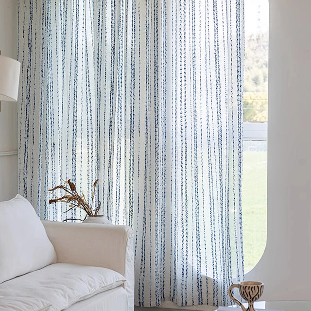 Blue White Stripe Cotton-Look Linen Curtains Semi-Sheer Gauze Panels