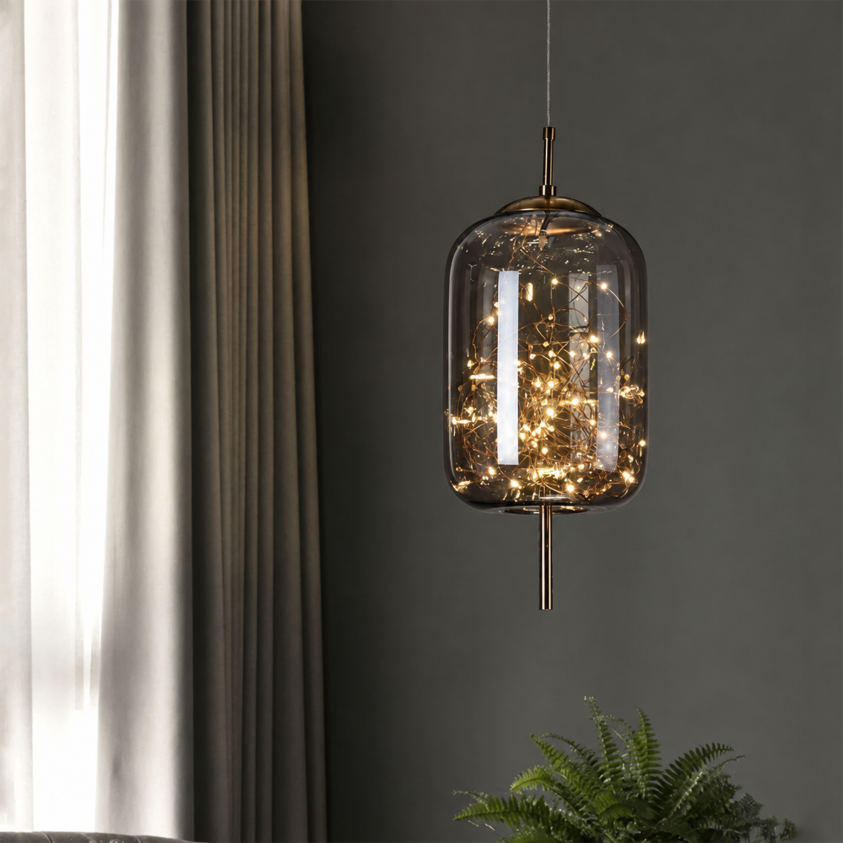 Amber Glass Pendant Light with a Starry LED Cluster