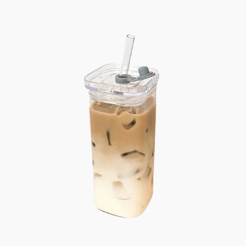 Square Heat-Resistant Borosilicate Glass Cup with Lid and Straw