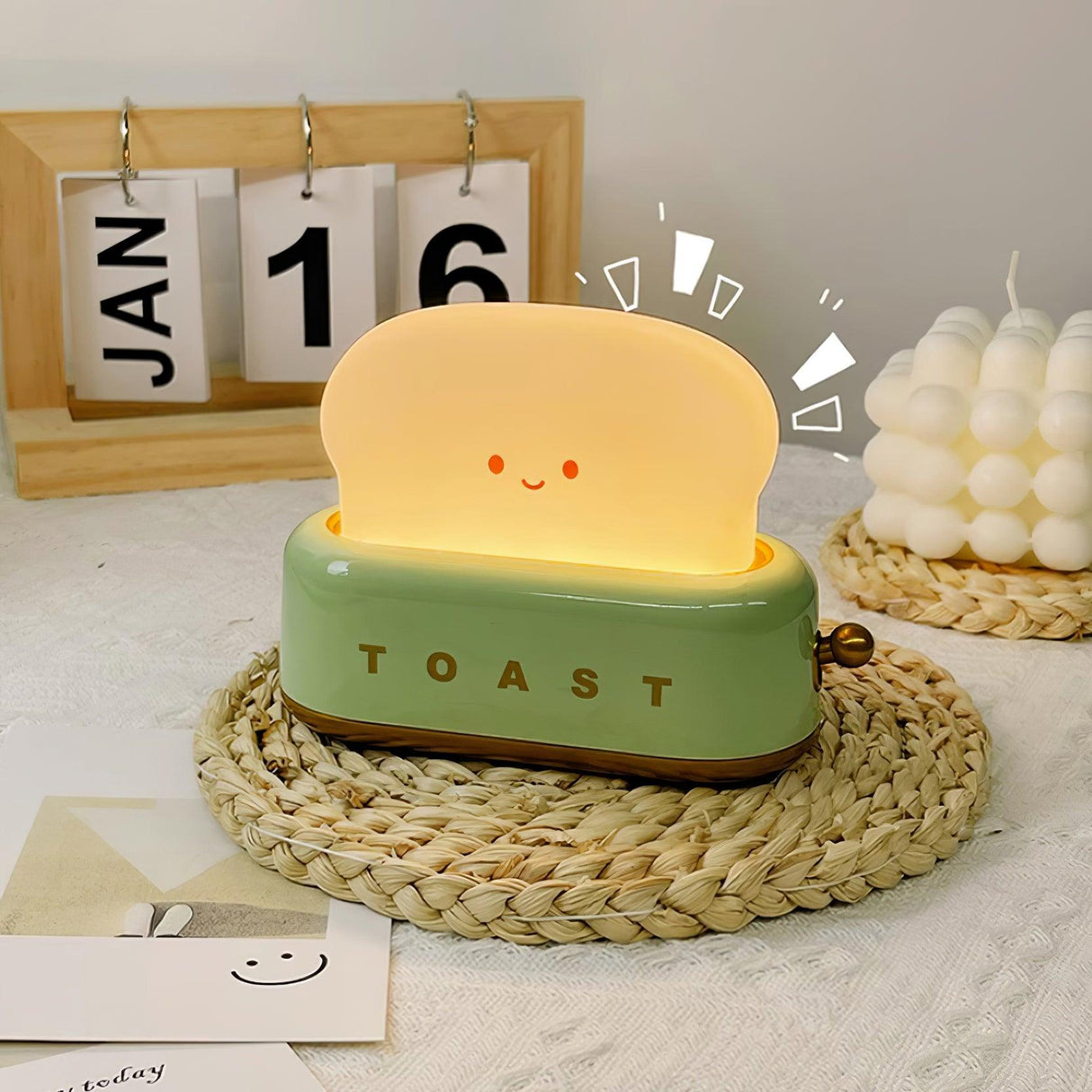 Toaster table lamp side view with brass lever knob