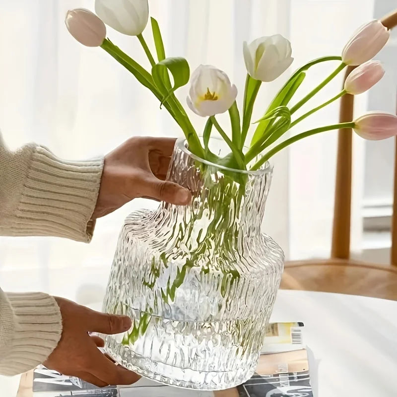 Transparent patterned glass flower vase for home décor