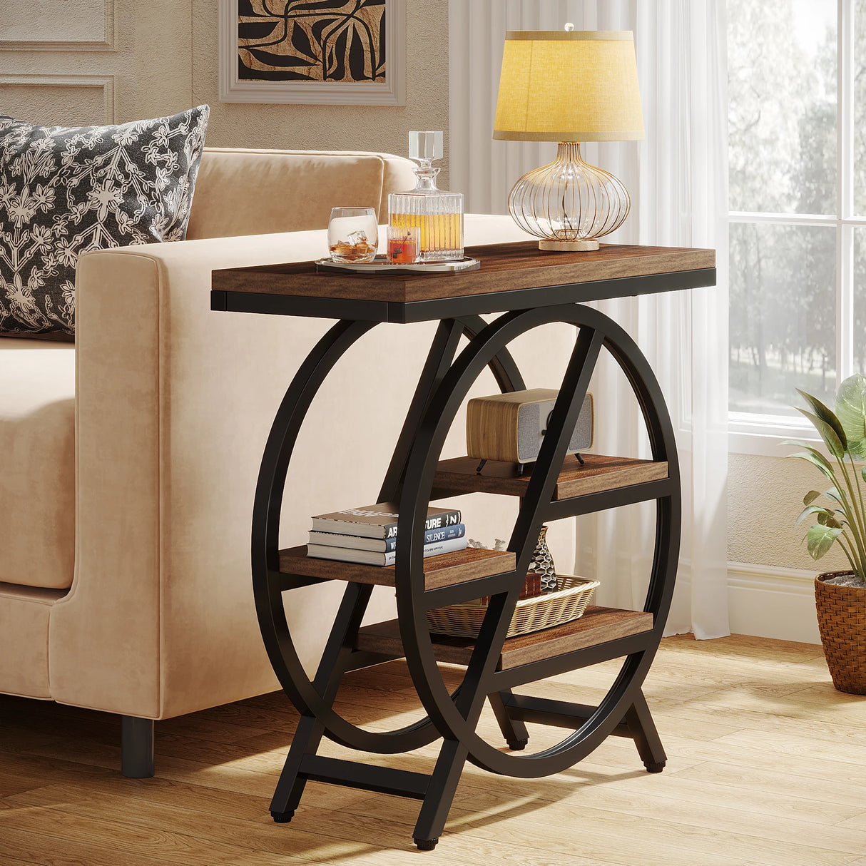 Tribesigns 3-Tier Rustic Brown Side Table with Geometric Metal Frame
