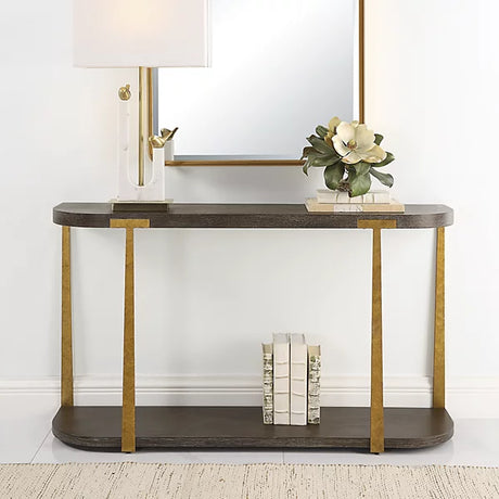 Uttermost Palisade Modern Oval Console Table Coffee Veneer Antique Gold Finish