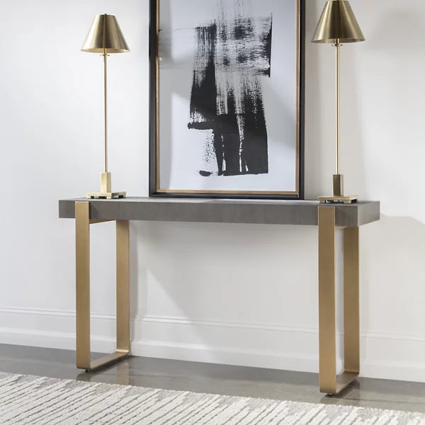Kea Mid‑Century Diamond Ash Console Table with Brushed Brass Legs