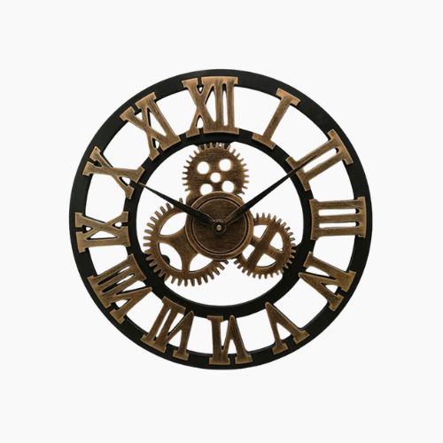 Vintage Industrial Gear Wall Clock Bamboo Wood 40cm Silent Quartz