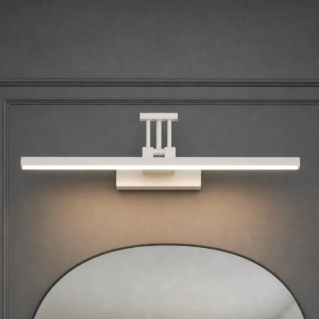 Black LED vanity wall light mounted above a bathroom mirror