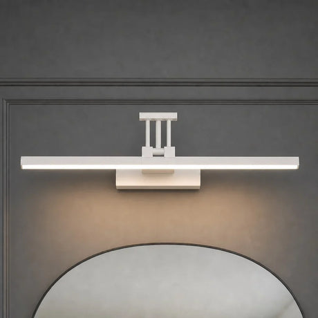 Black LED vanity wall light mounted above a bathroom mirror