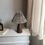 Walnut Ceramic Pleated Desk Lamp Floral Linen Shade USB Power