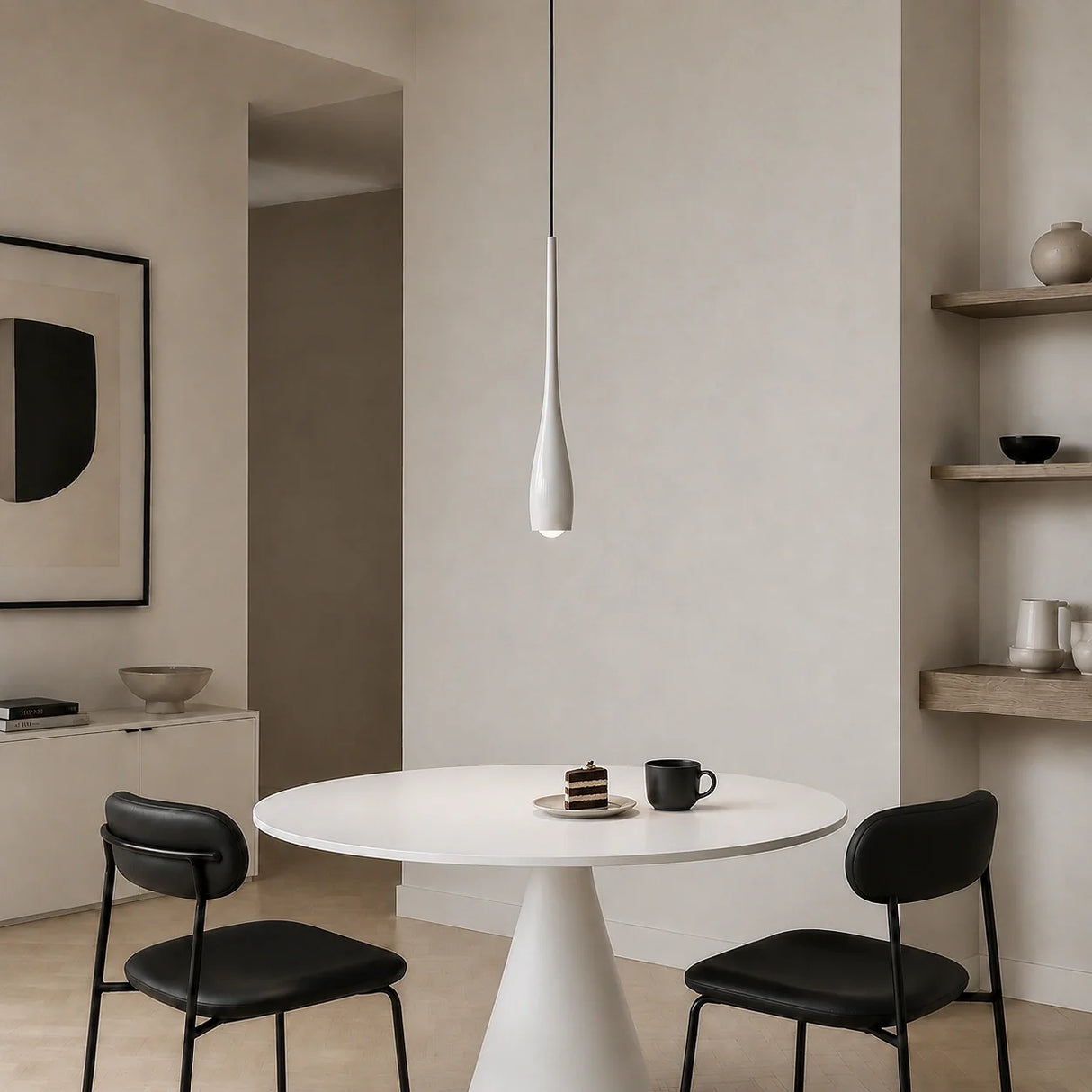 Water drop pendant light detail showing the smooth tapered neck