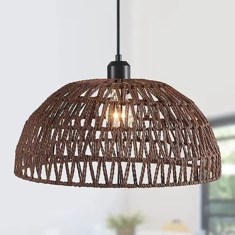 Woven pendant light with a blurred background