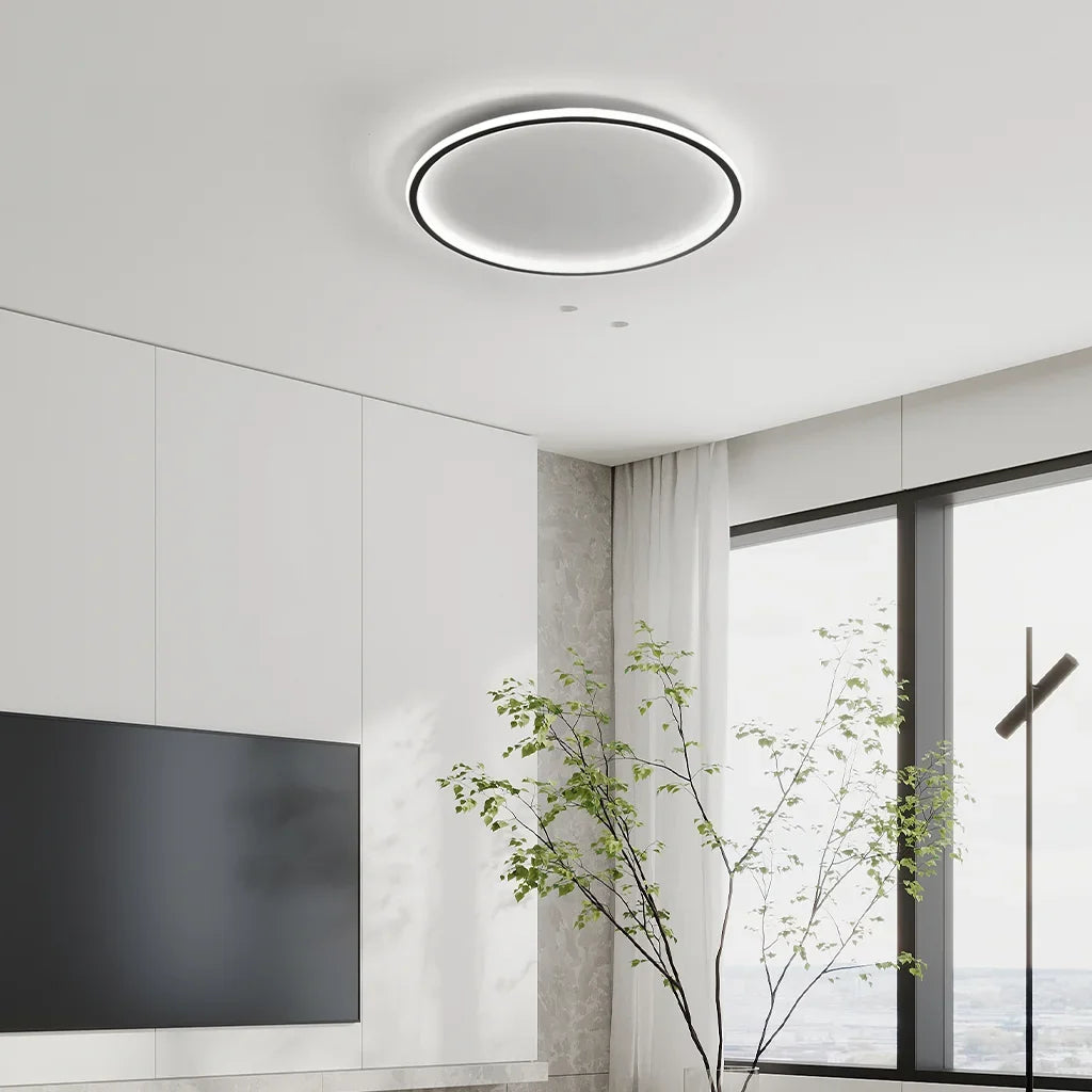 White ring ceiling light shown with warm colour temperature selected