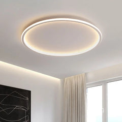 White round LED flush mount ceiling light detail of the lit rim