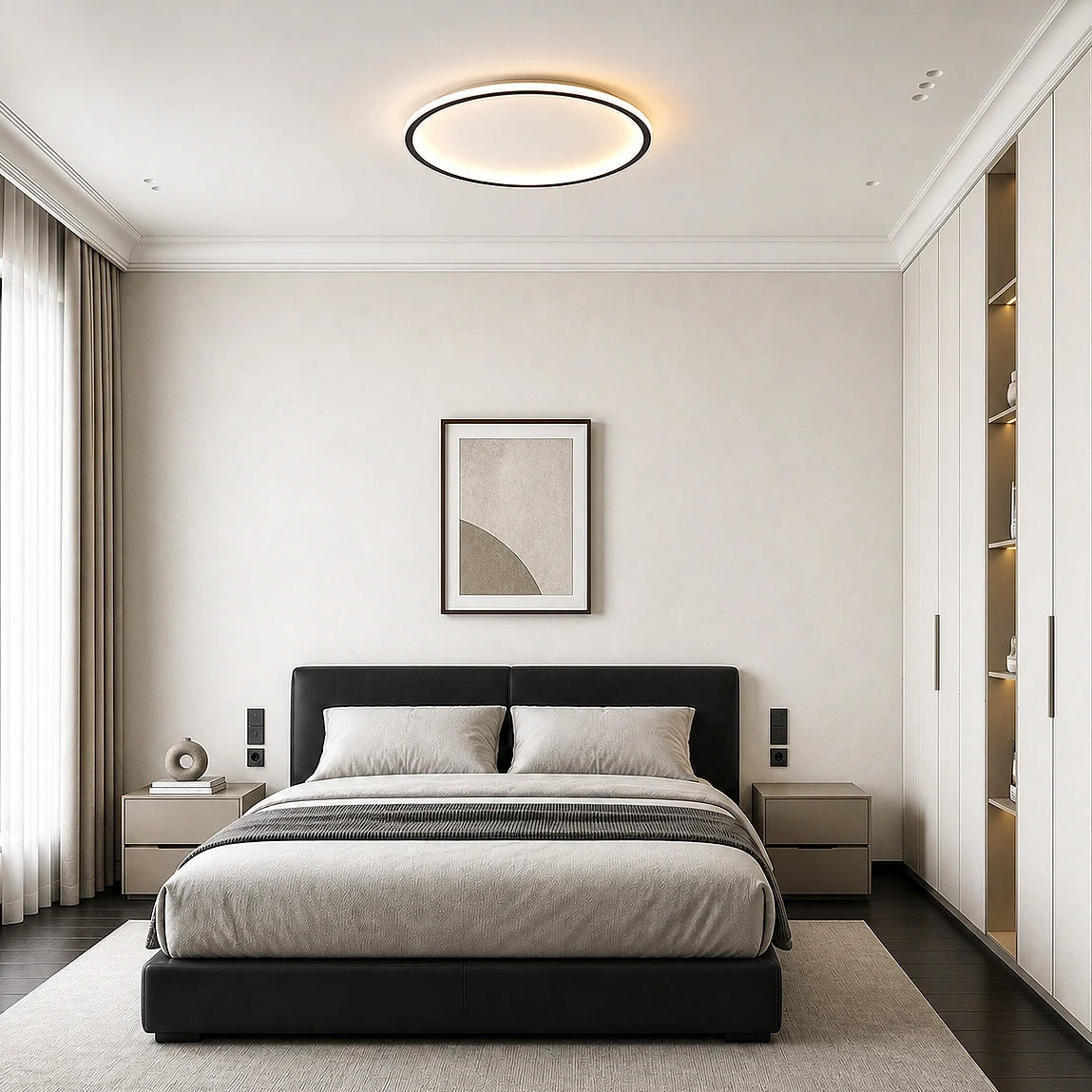 Round flush mount ceiling fixture viewed at an angle showing thin profile