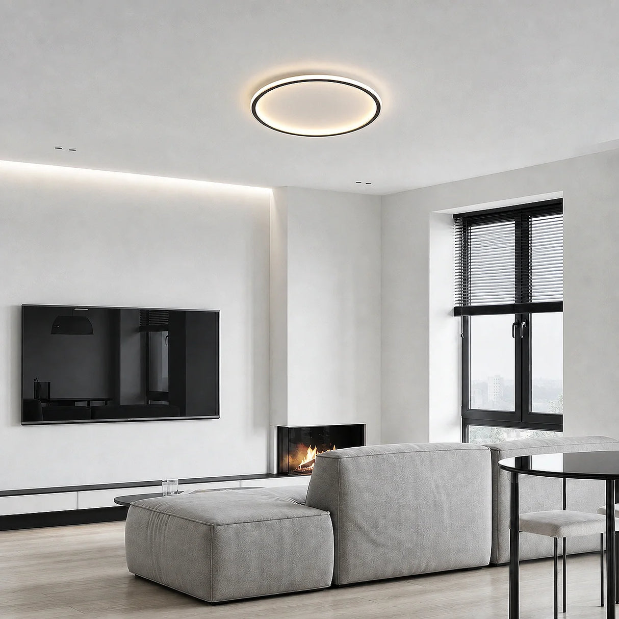 Minimalist ring ceiling light lit with soft ambient white light