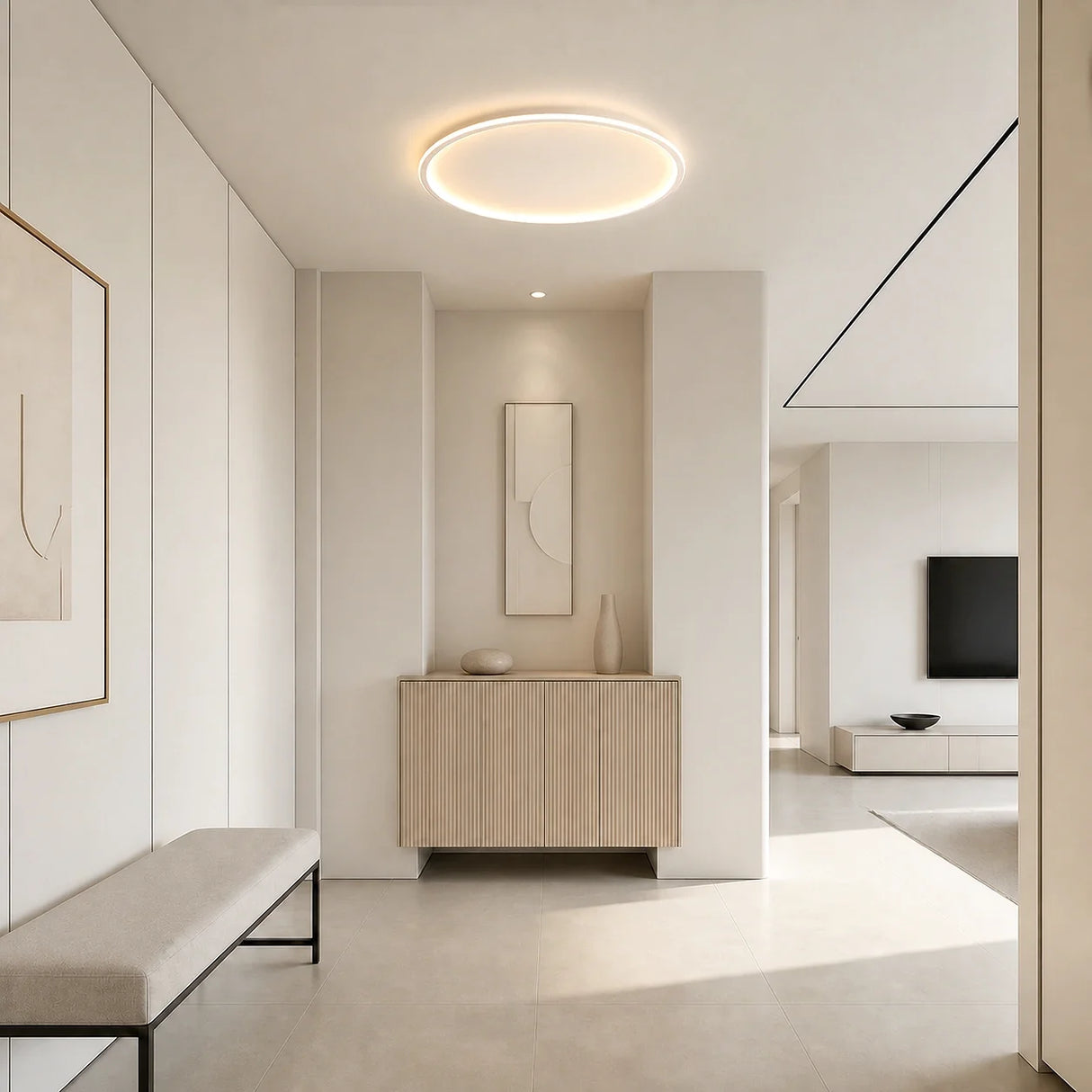 Circular LED ceiling light casting an even glow across its acrylic face