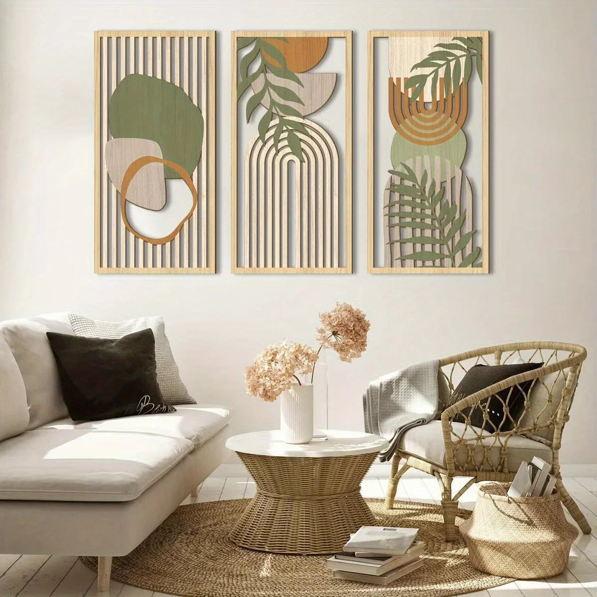 Abstract art for living room showcasing sage green wooden wall decor