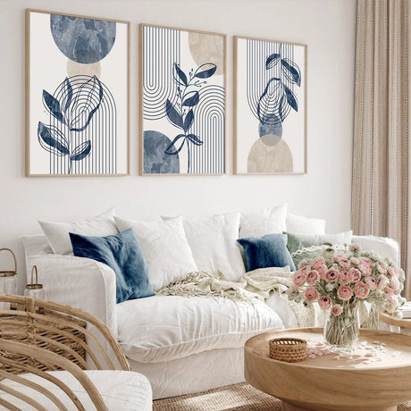 Abstract Geometric Wall Art – Bohemian Navy Blue Plant Canvas Prints - Hurbane Home