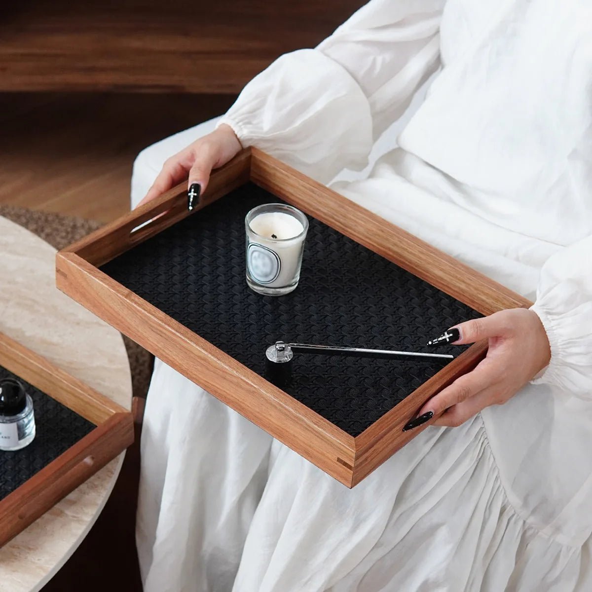 Acacia Wood Decorative Tray – Bamboo Pattern Jewelry & Vanity Organizer - Hurbane Home