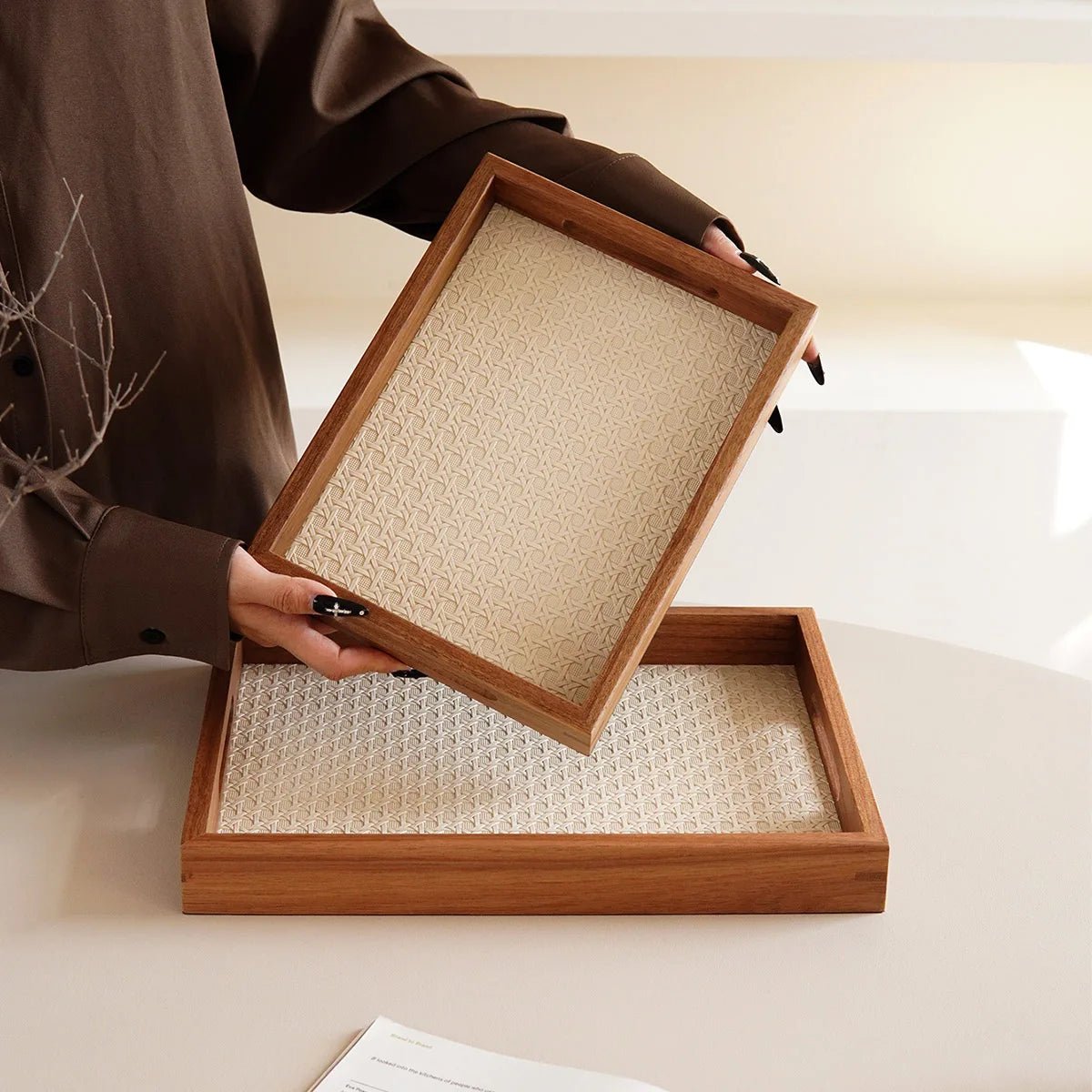 Acacia Wood Decorative Tray – Bamboo Pattern Jewelry & Vanity Organizer - Hurbane Home