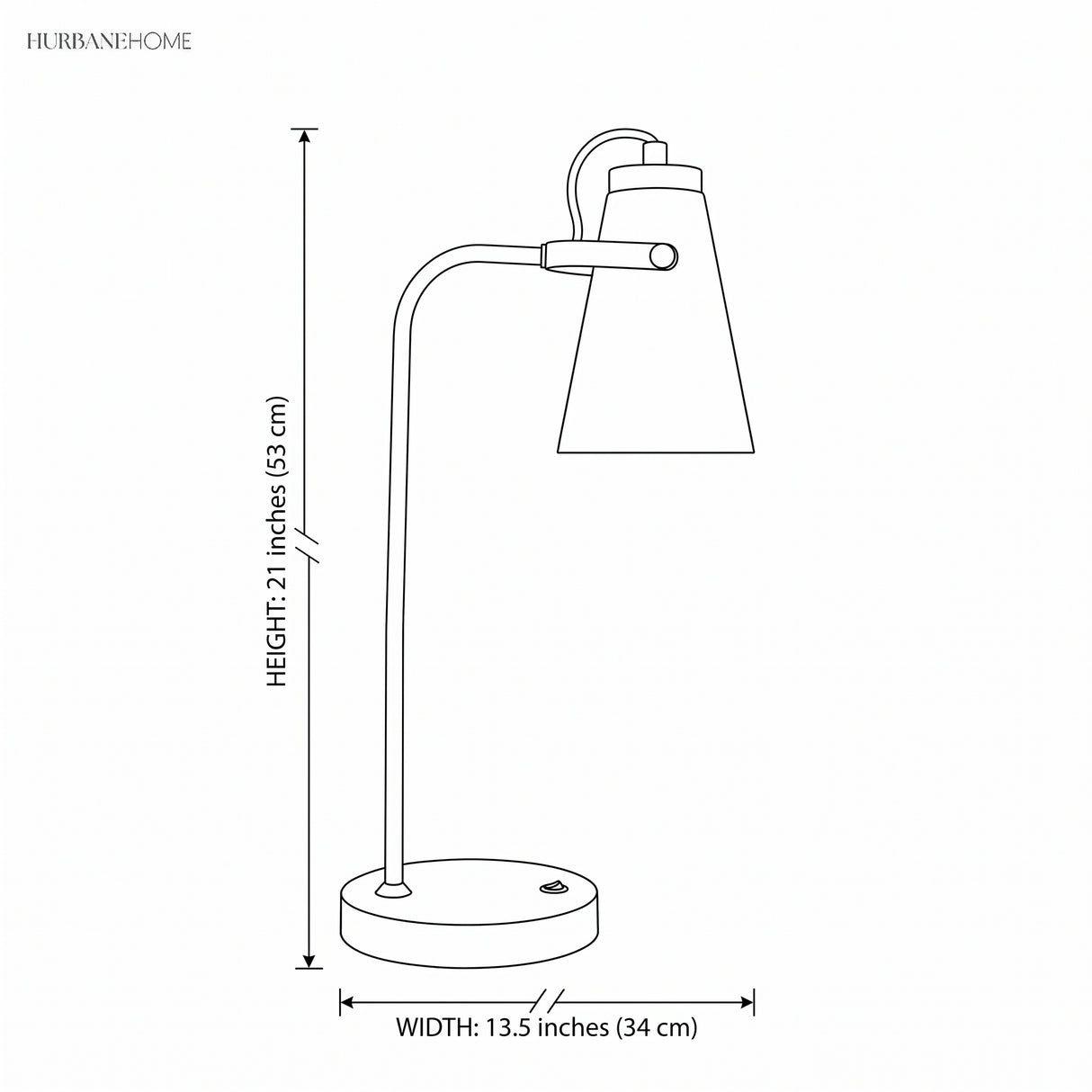 Drawing showing desk lamp height 21 inches and width 13.5 inches