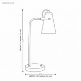Drawing showing desk lamp height 21 inches and width 13.5 inches