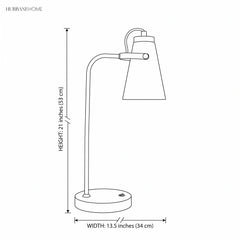 Drawing showing desk lamp height 21 inches and width 13.5 inches