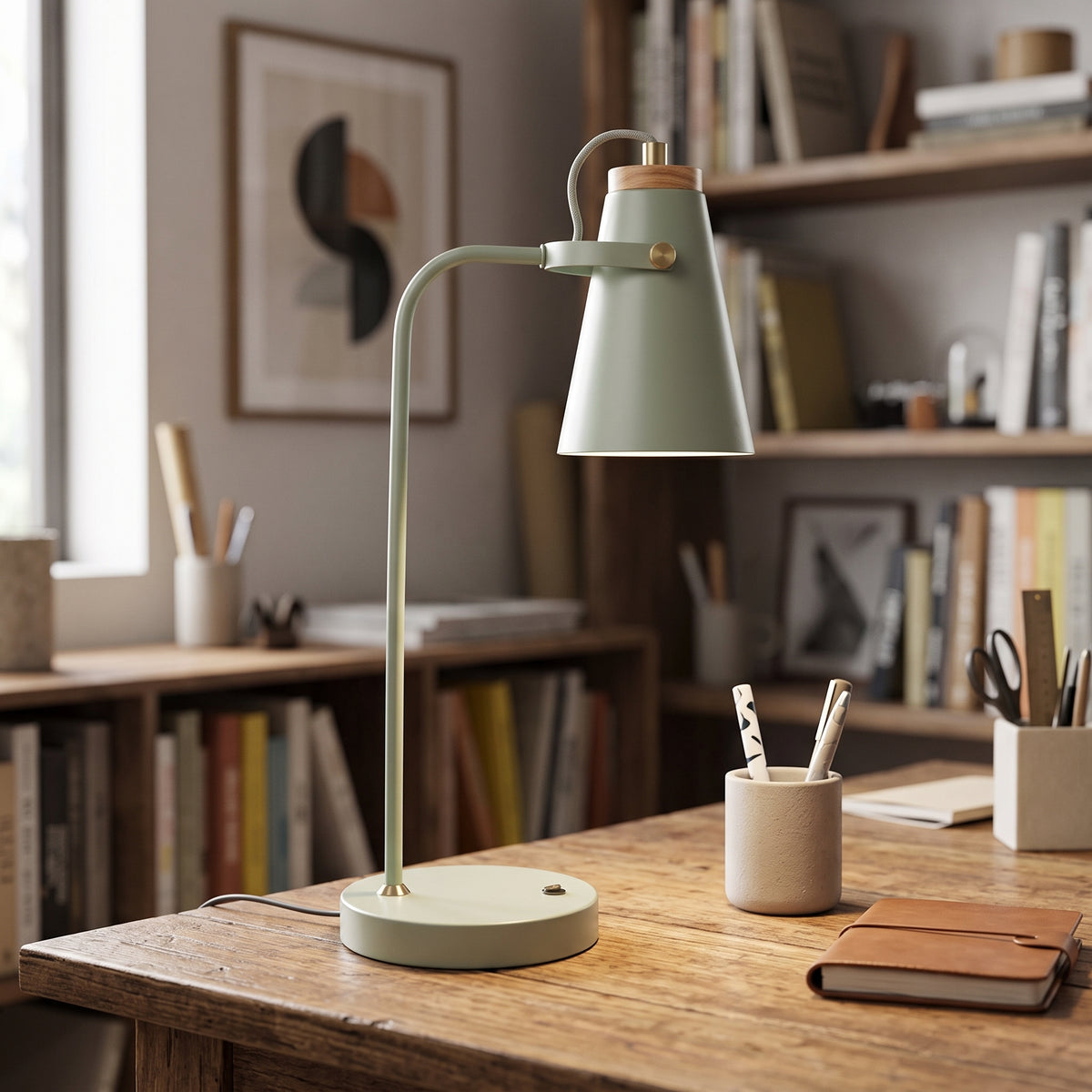 Sage green metal desk lamp with cone shade on a wooden study desk