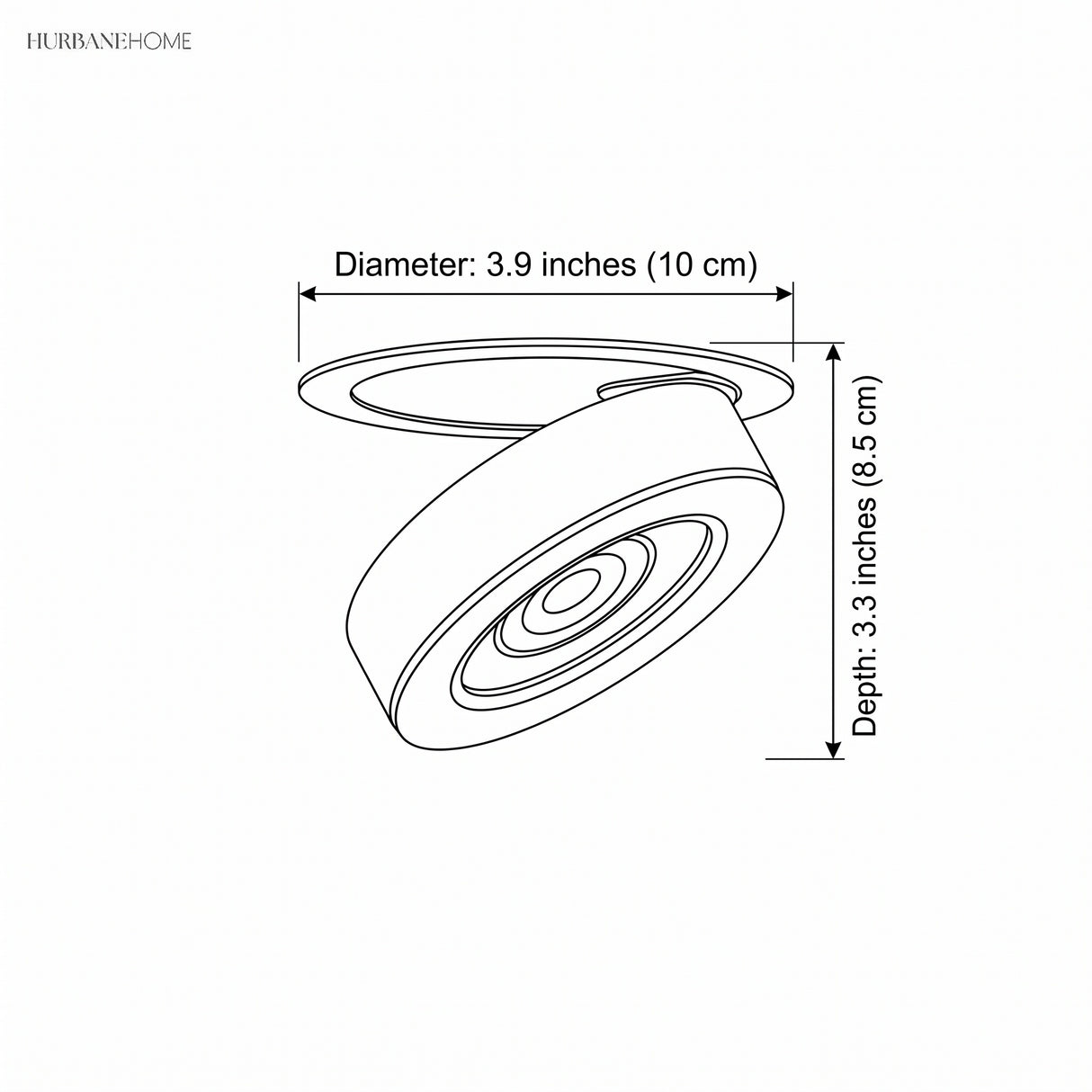 Dimension drawing showing 3.9 inch diameter and 3.3 inch depth of the fitting