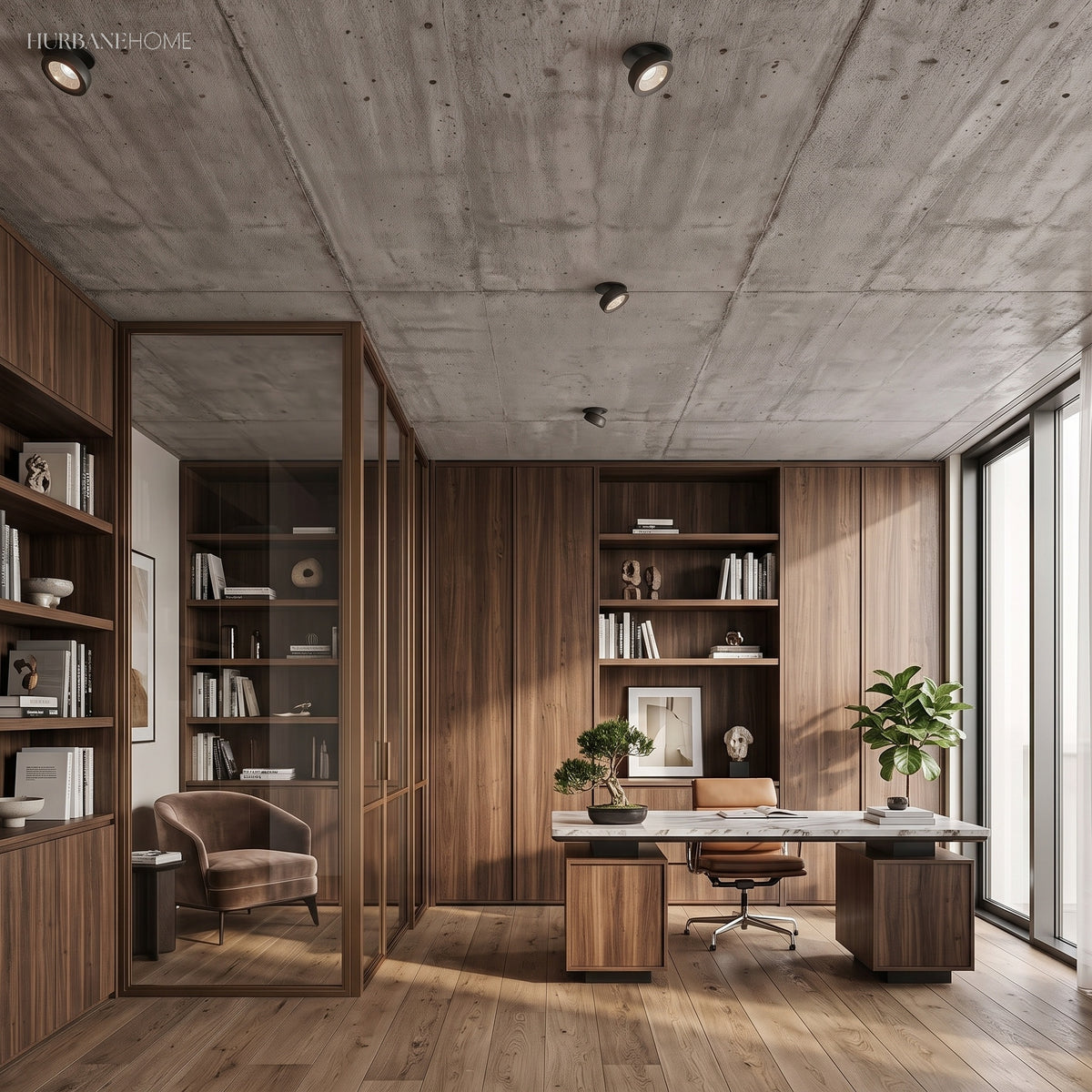 Row of downlights in a concrete ceiling above a timber lined home office