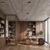 Row of downlights in a concrete ceiling above a timber lined home office