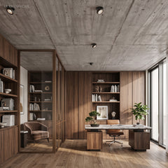 Row of downlights in a concrete ceiling above a timber lined home office