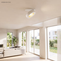 White rotatable downlight tilted from a ceiling in a bright open living room