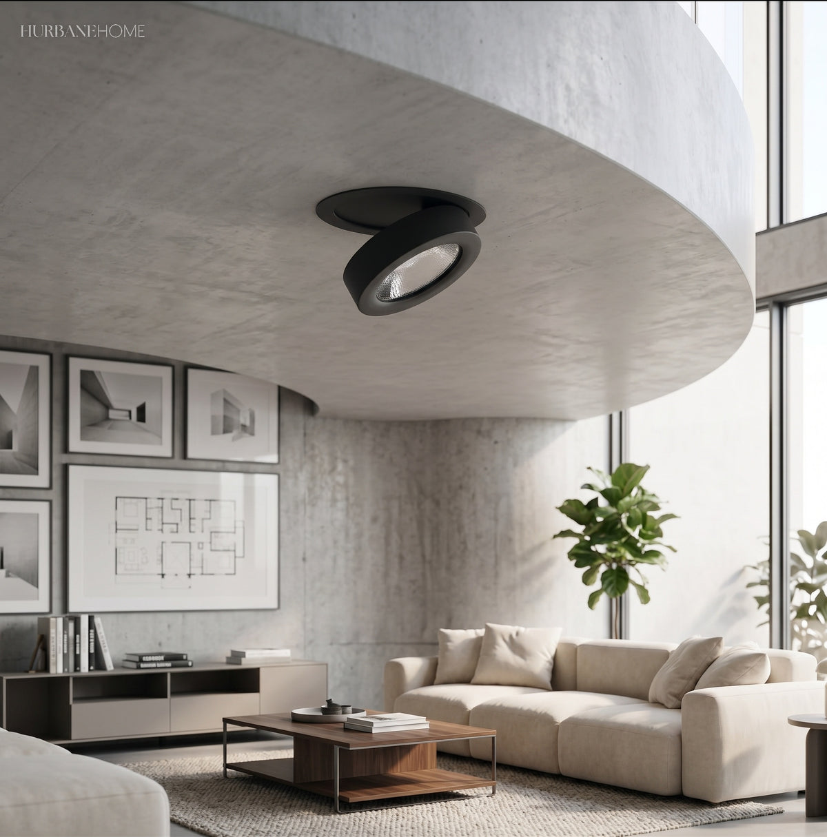 Two black downlights on a curved concrete ceiling above a linen sofa