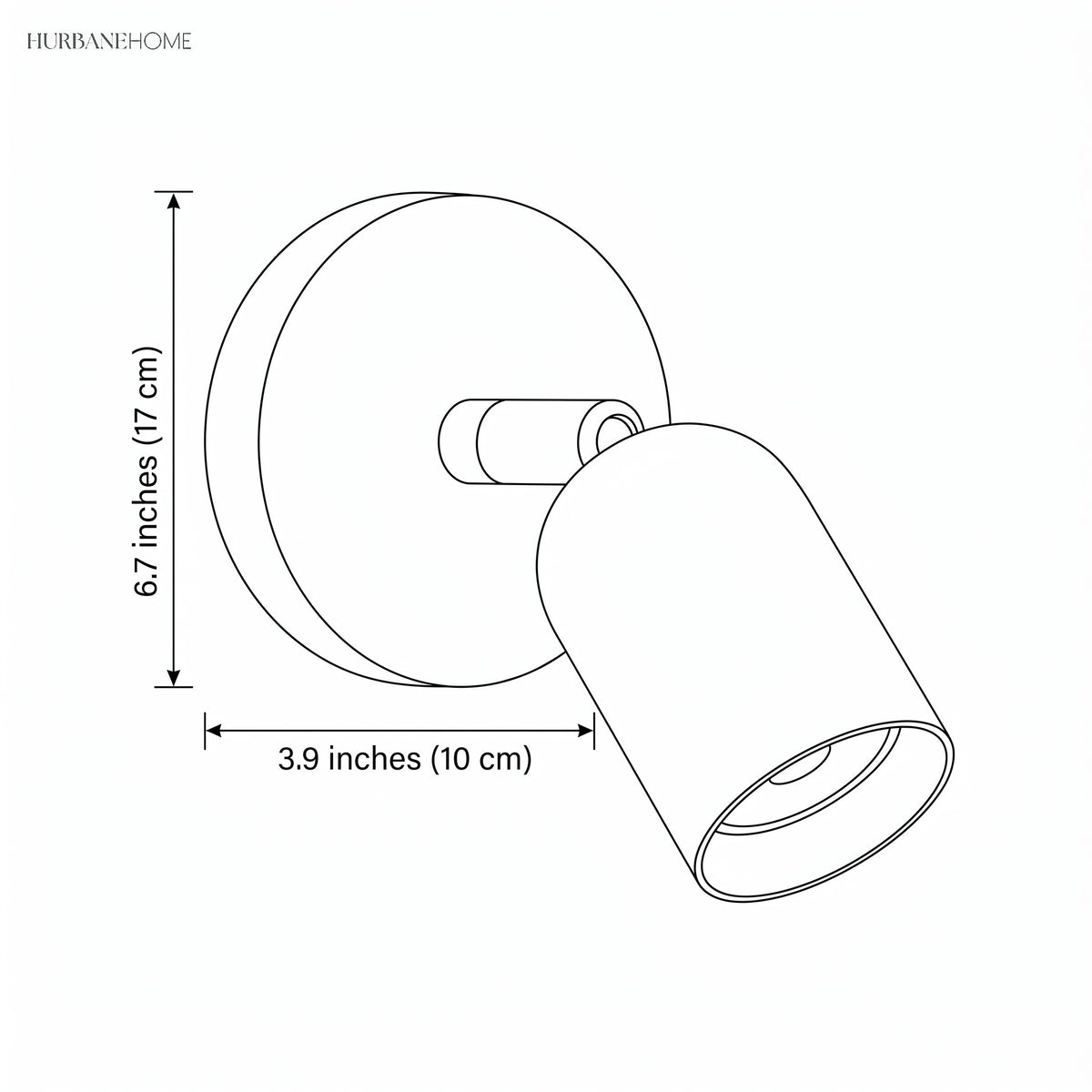Dimension drawing of the wall sconce, 6.7 inches high and 3.9 inch backplate