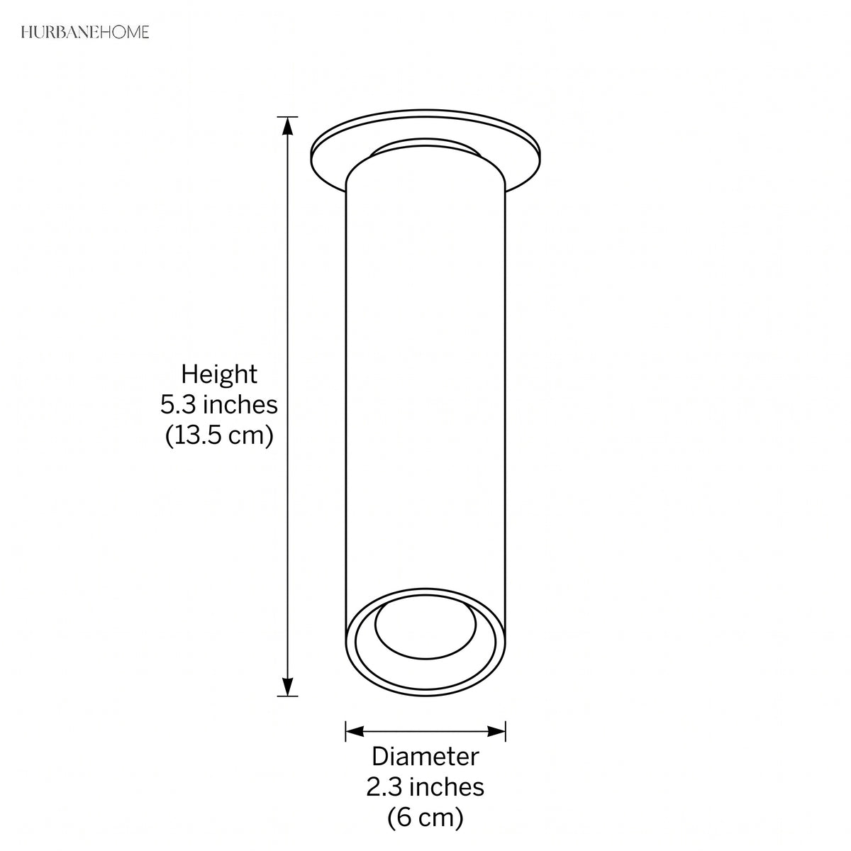 Dimension drawing of the tube at 5.3 inches high and 2.3 inches in diameter