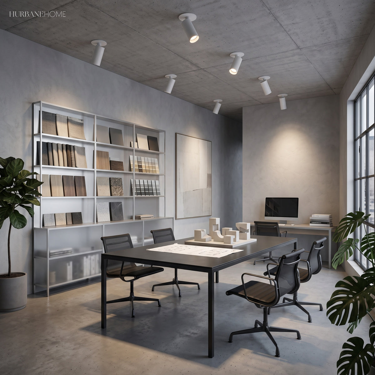 Row of white tube spotlights on a concrete ceiling above a long office table