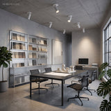 Row of white tube spotlights on a concrete ceiling above a long office table