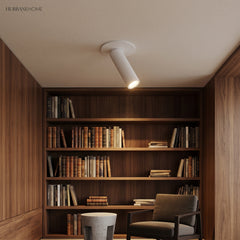 White tube spotlight lighting a walnut lined library with armchair and books
