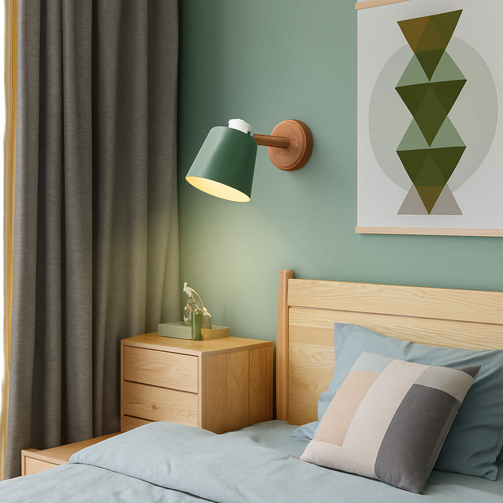 Green sconce lit above a bedside table and timber bed head