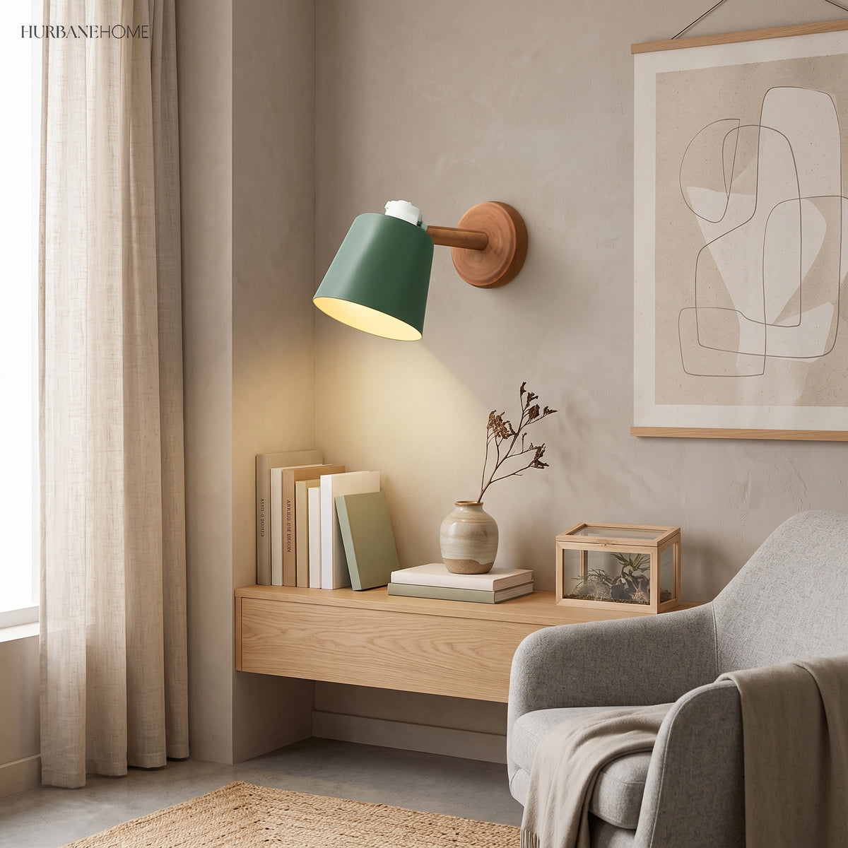 Green sconce lit above a timber shelf and reading chair