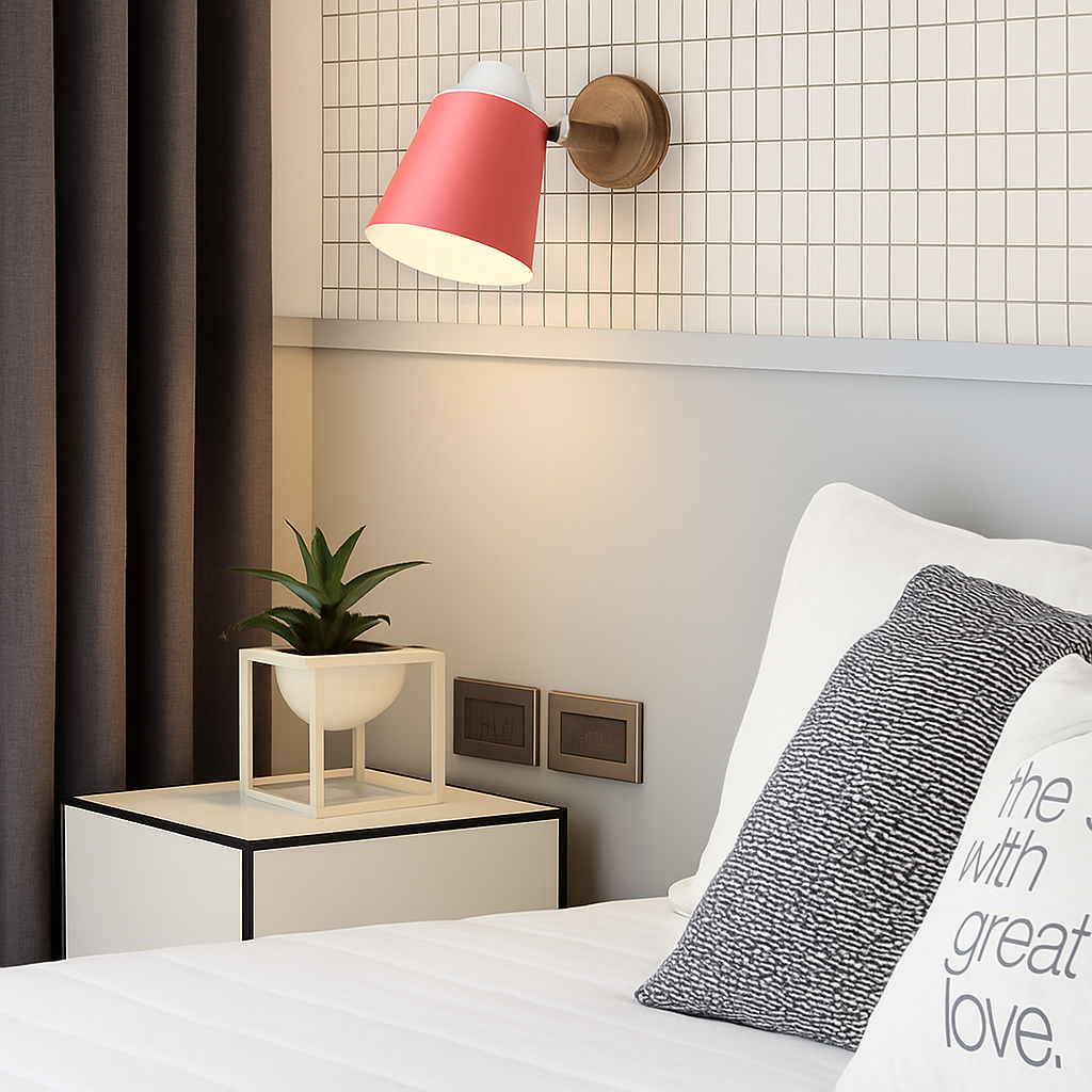 Pink sconce lit on a grid panel above a white bed