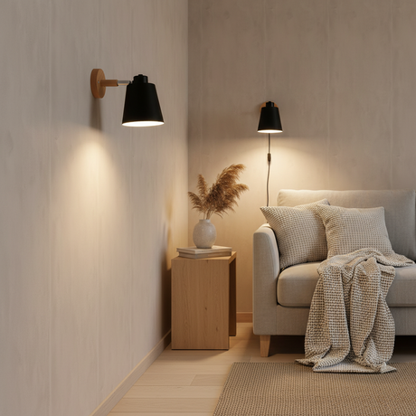 Adjustable Wall Sconce Wood Arm Tilting Metal Shade