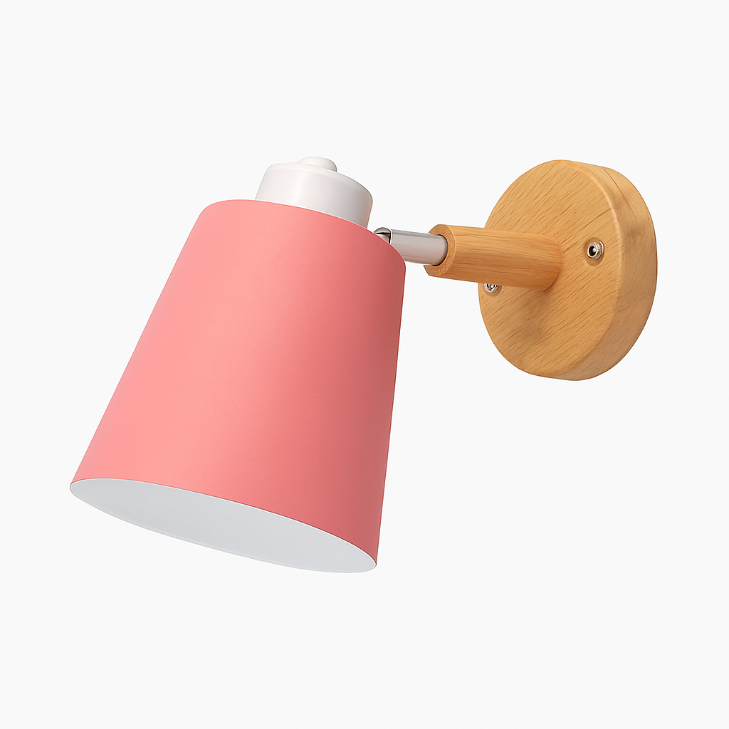Pink sconce shown in profile with the wooden backplate and arm