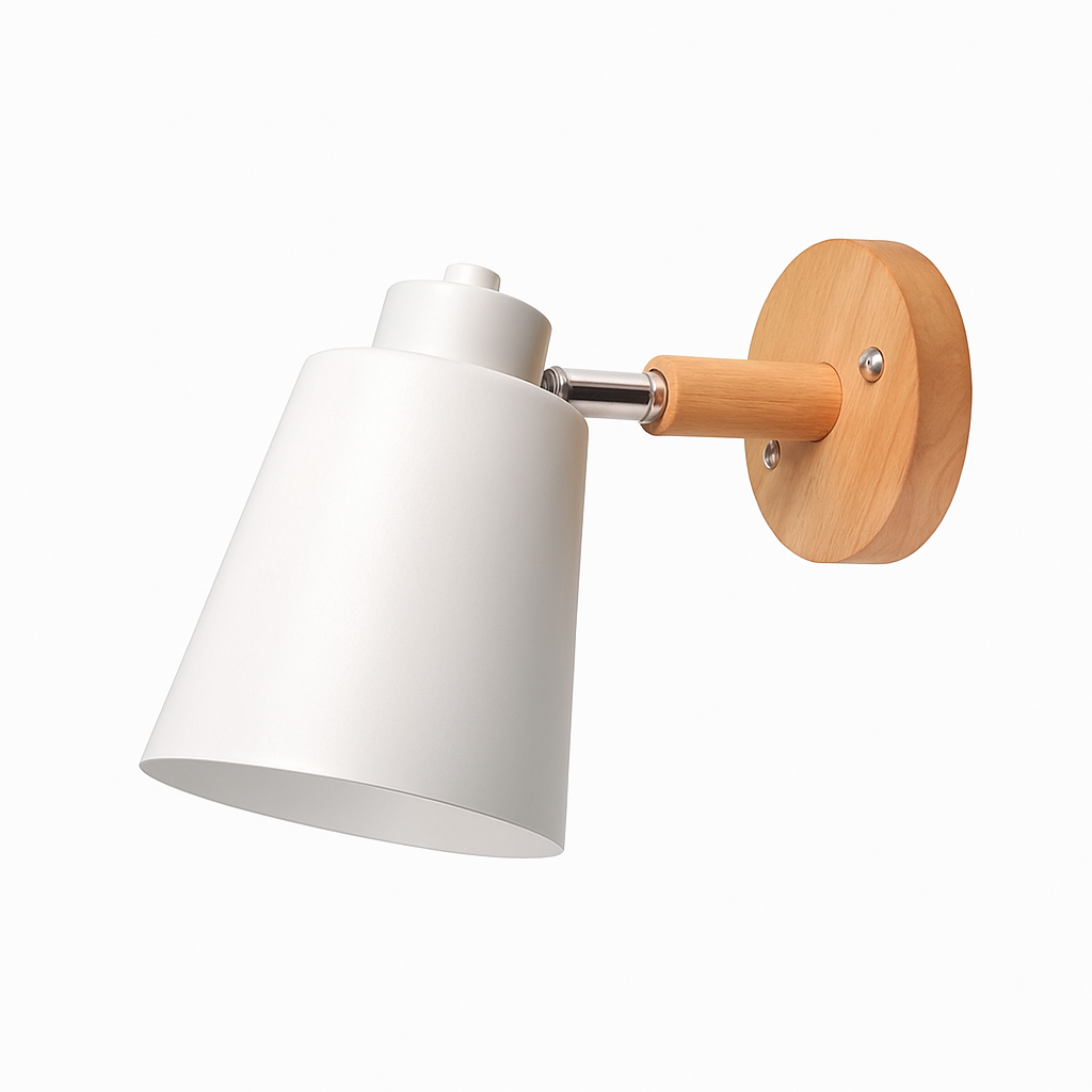 White sconce shown in profile with the shade angled down