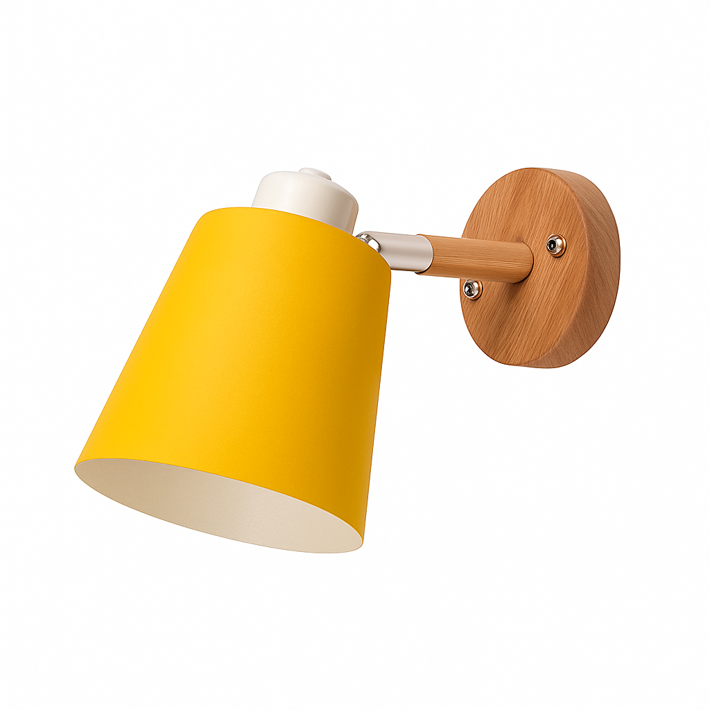 Yellow sconce shown in profile with the shade angled down
