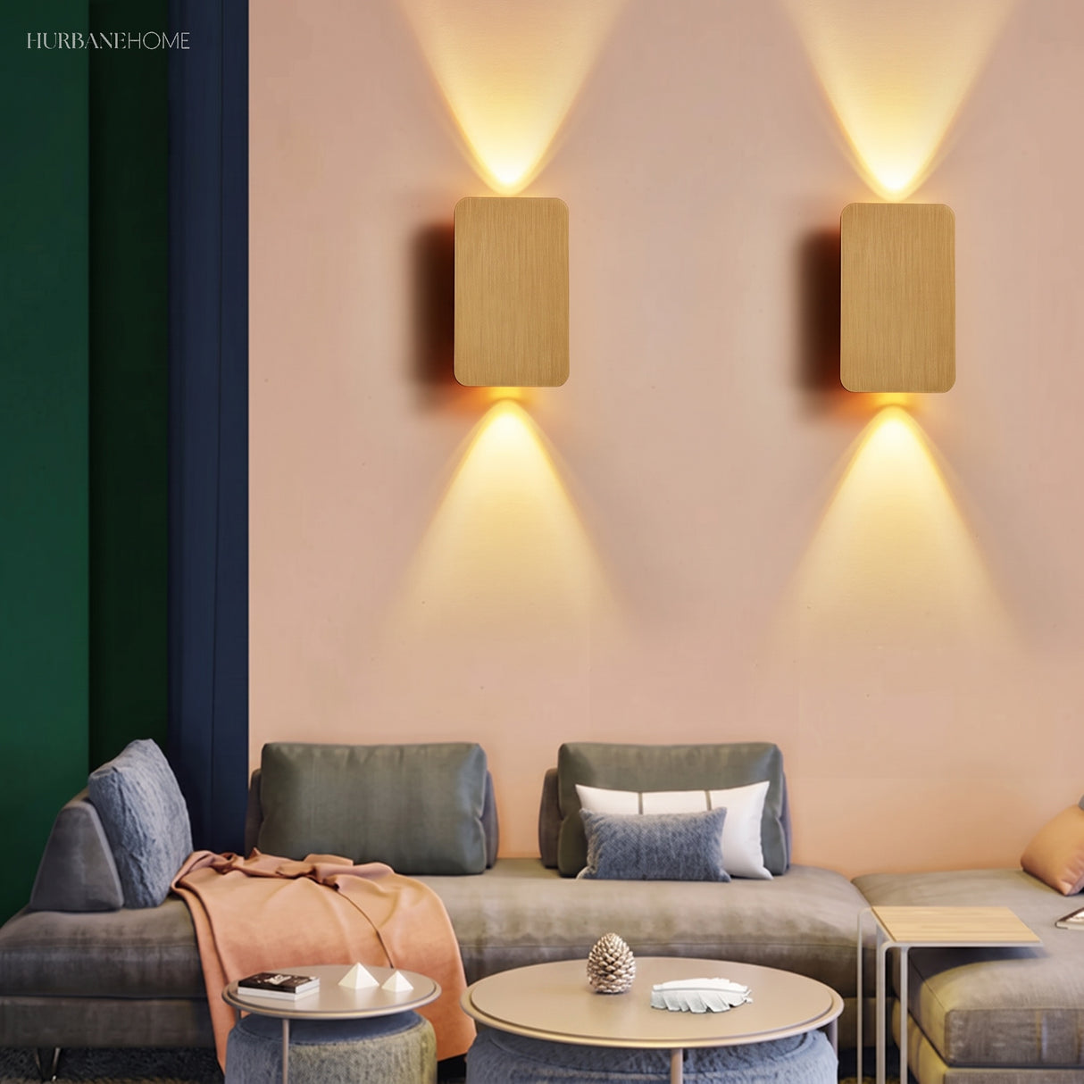 Rectangular up and down LED wall sconce styled in a warm interior